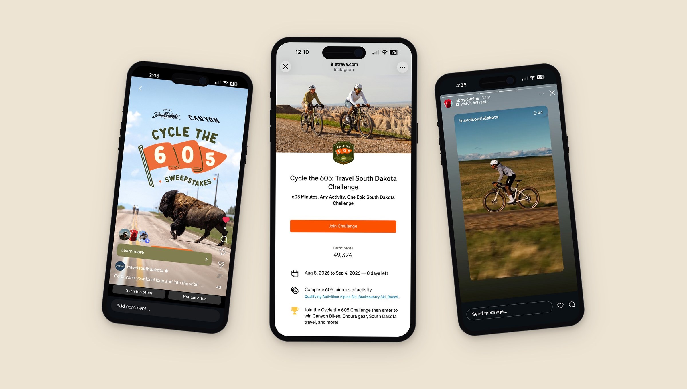 Three phones showing Cycle the 605 on Instagram and Strava.